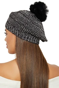 Womens Spacedye Knit Pom Pom Slouch Beret, Black