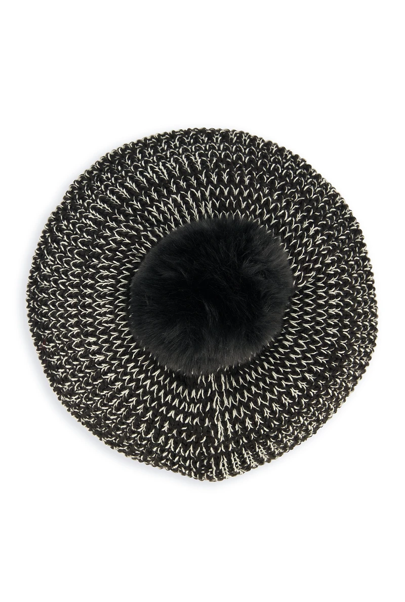 Womens Spacedye Knit Pom Pom Slouch Beret, Black