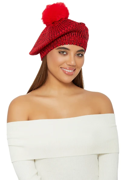 Womens Spacedye Knit Pom Slouch Beret,