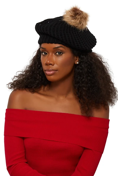 Womens Pom Pom Knitted Beret, Black