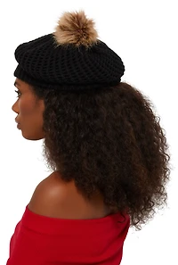 Womens Pom Pom Knitted Beret, Black