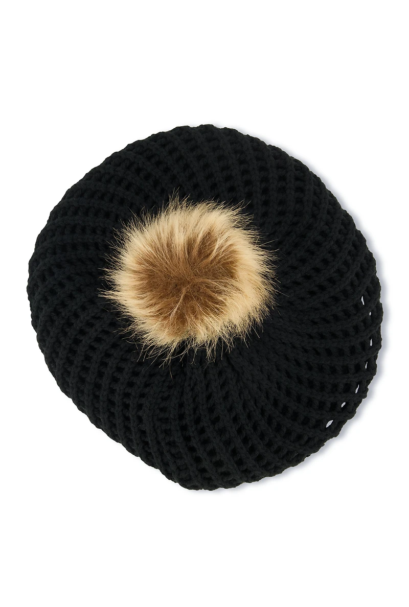 Womens Pom Pom Knitted Beret, Black