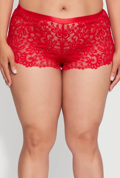 Womens Plus Size Abstract Lace Boyshort Panty, Red, Size 1X