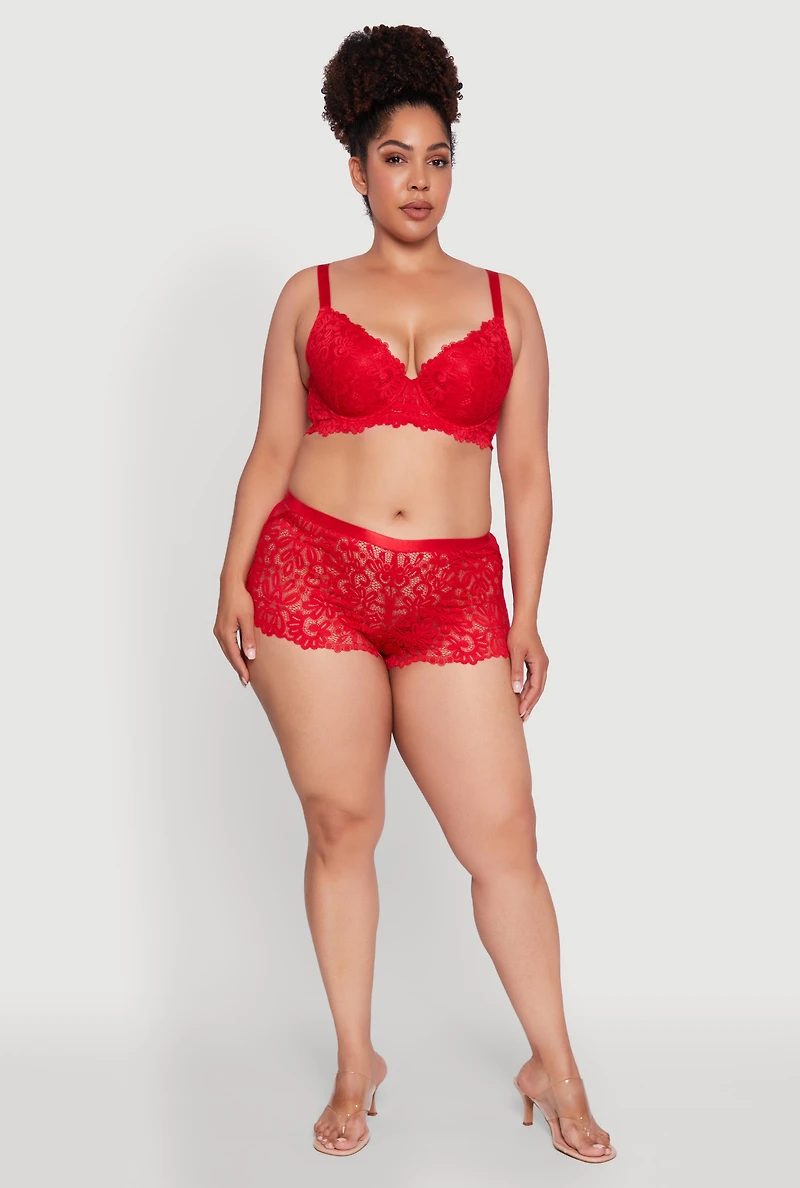Womens Plus Size Abstract Lace Boyshort Panty, Red, Size 2X