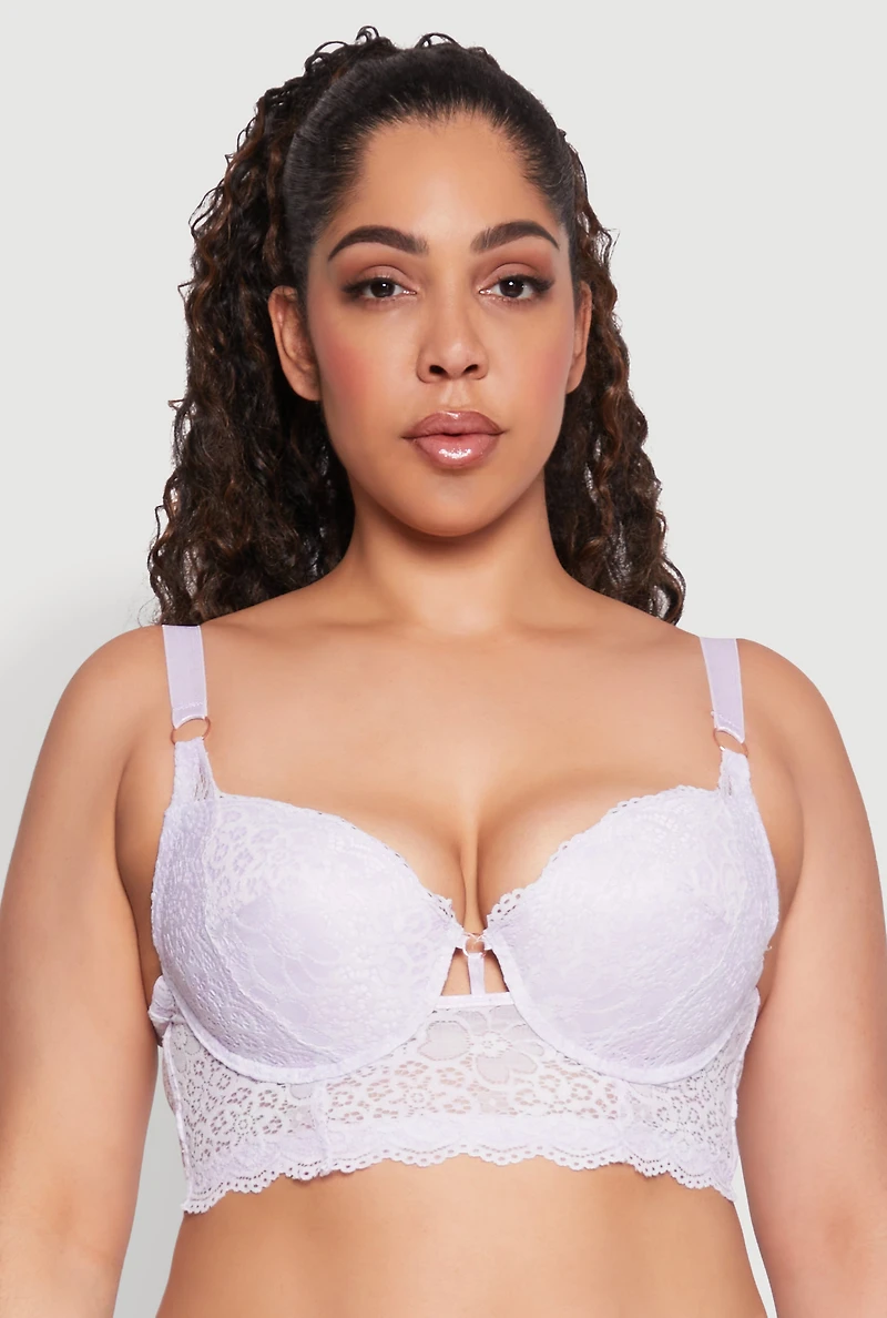 Womens Plus Size Floral Lace Caged Front Plunge Longline Bra, Purple, Size 44C