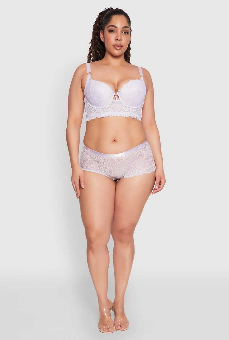 Womens Plus Size Floral Lace Caged Front Plunge Longline Bra, Purple, Size 44C