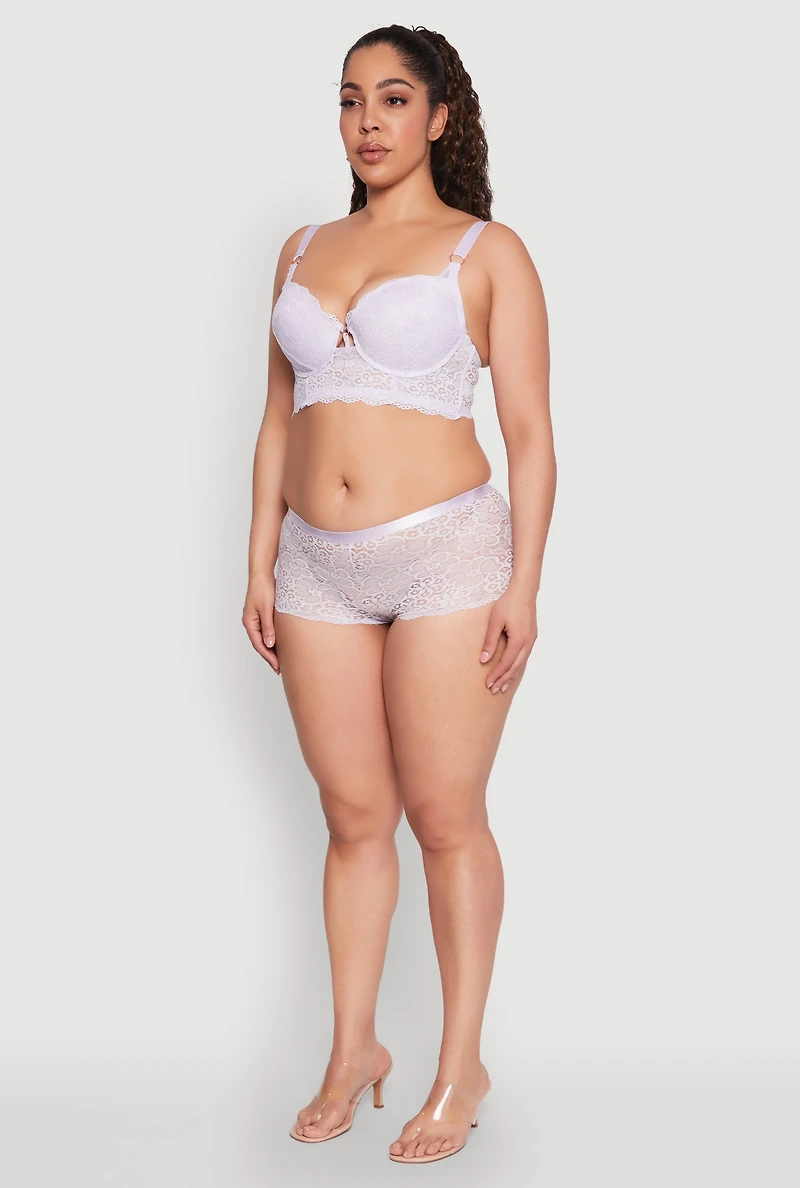 Womens Plus Size Floral Lace Caged Front Plunge Longline Bra, Purple, Size 44C