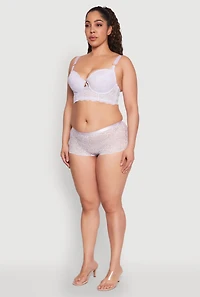 Womens Plus Size Floral Lace Caged Front Plunge Longline Bra, Purple, Size 44C