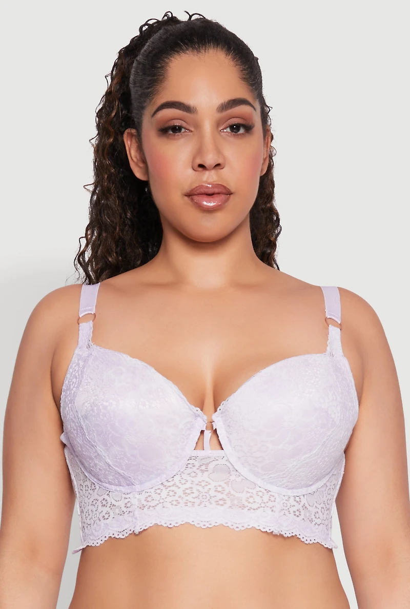 Plus Floral Lace Caged Front Plunge Longline Bra