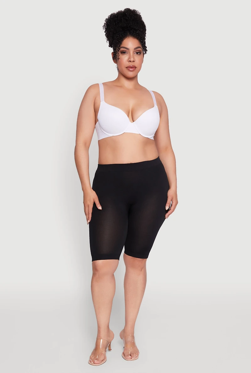 Womens Plus Seamless Padded Push Up Plunge Bra, White,