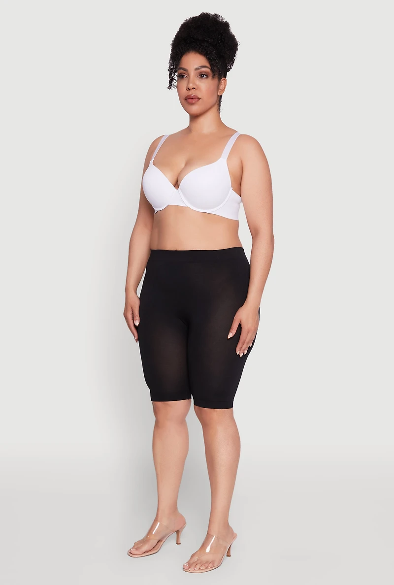 Womens Plus Seamless Padded Push Up Plunge Bra, White,