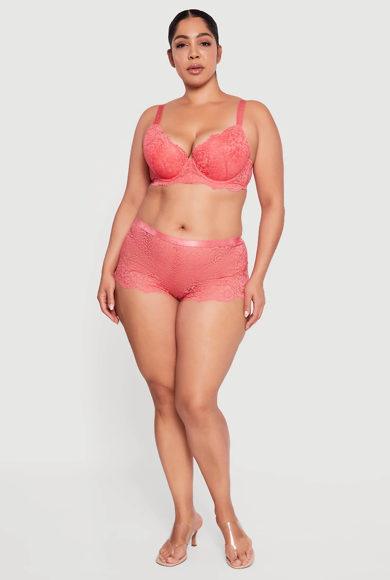 Plus Floral Lace Rhinestone Band Plunge Bra