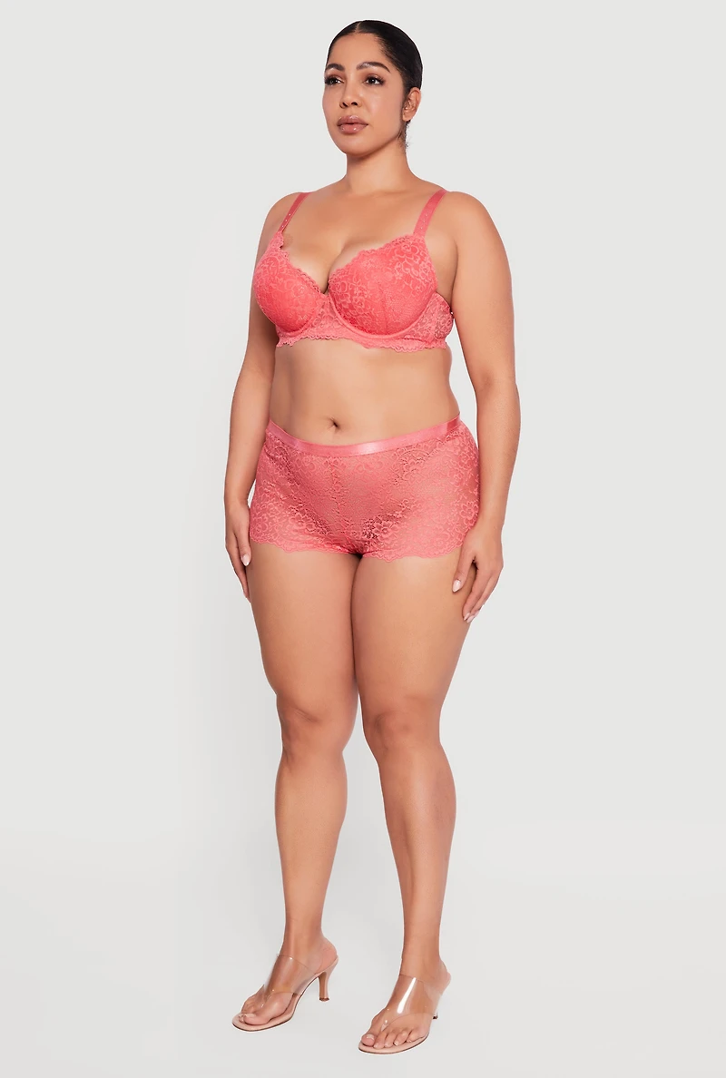 Plus Floral Lace Rhinestone Band Plunge Bra