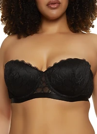 Womens Plus Size Floral Lace Balconette Bra | Converts to Strapless, Black, Size 38D