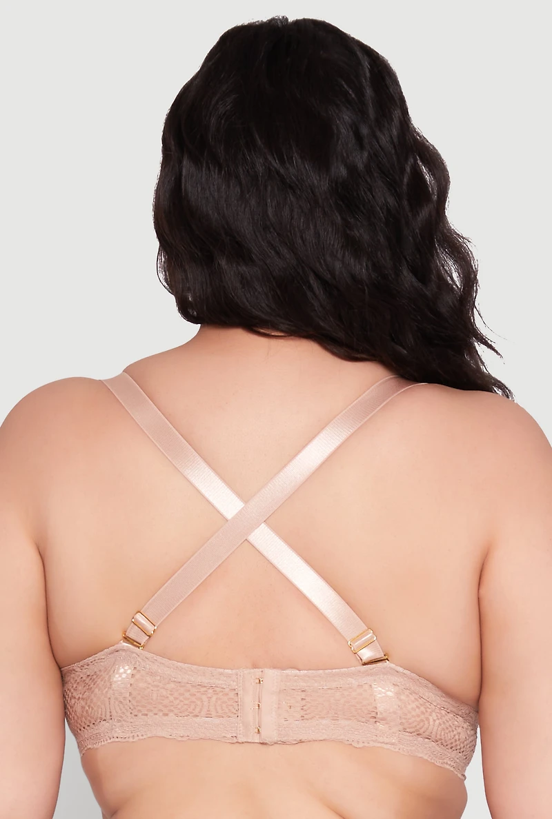 Womens Plus Size Lace Convertible Strap Plunge Bra, Beige, Size 40C