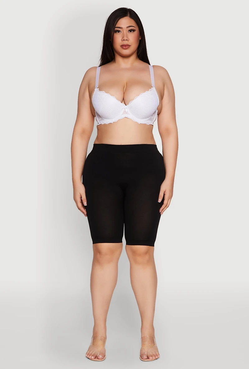 Womens Plus Patterned Lace Scalloped Convertible Plunge Bra, White,