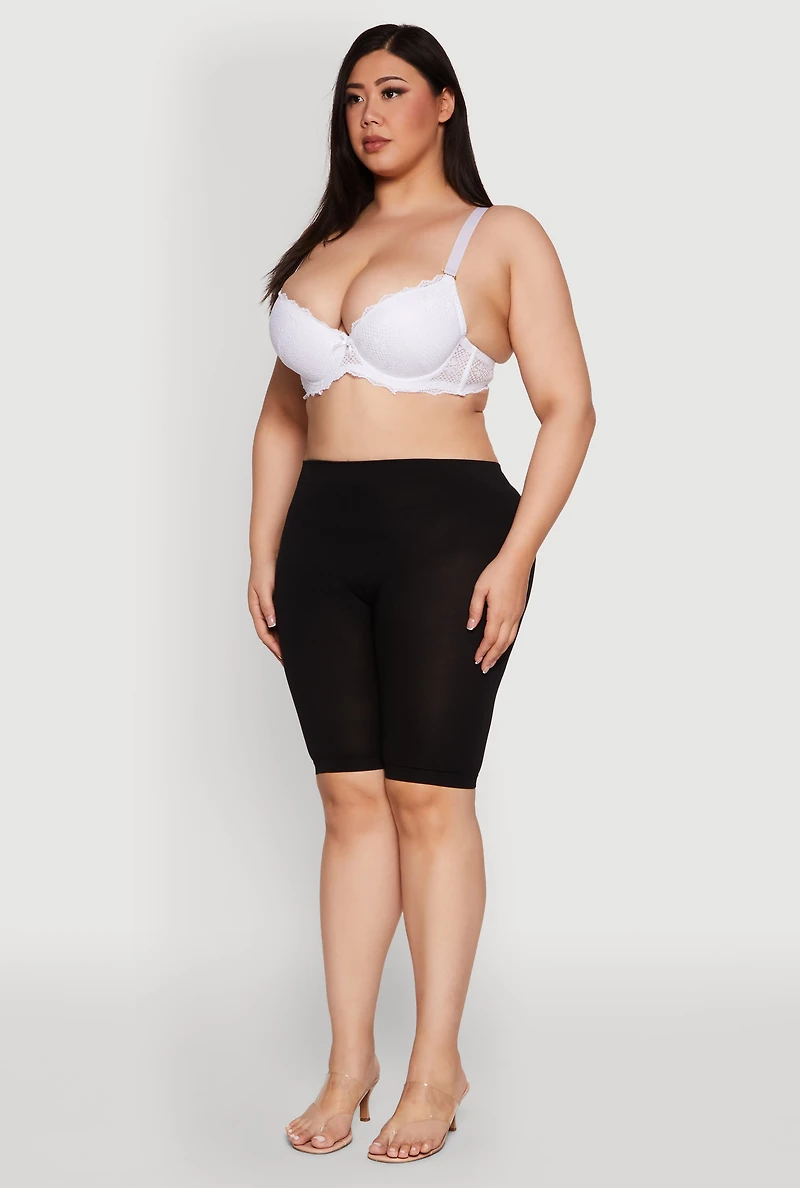Womens Plus Size Patterned Lace Scalloped Convertible Plunge Bra, White, Size 44C