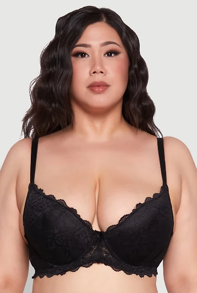 Womens Plus Size Elegant Lace Scallop Trim Plunge Bra, Black, Size 40D