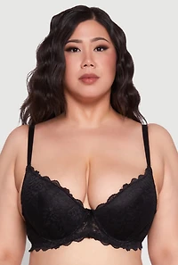 Womens Plus Size Elegant Lace Scallop Trim Plunge Bra, Black, Size 40D