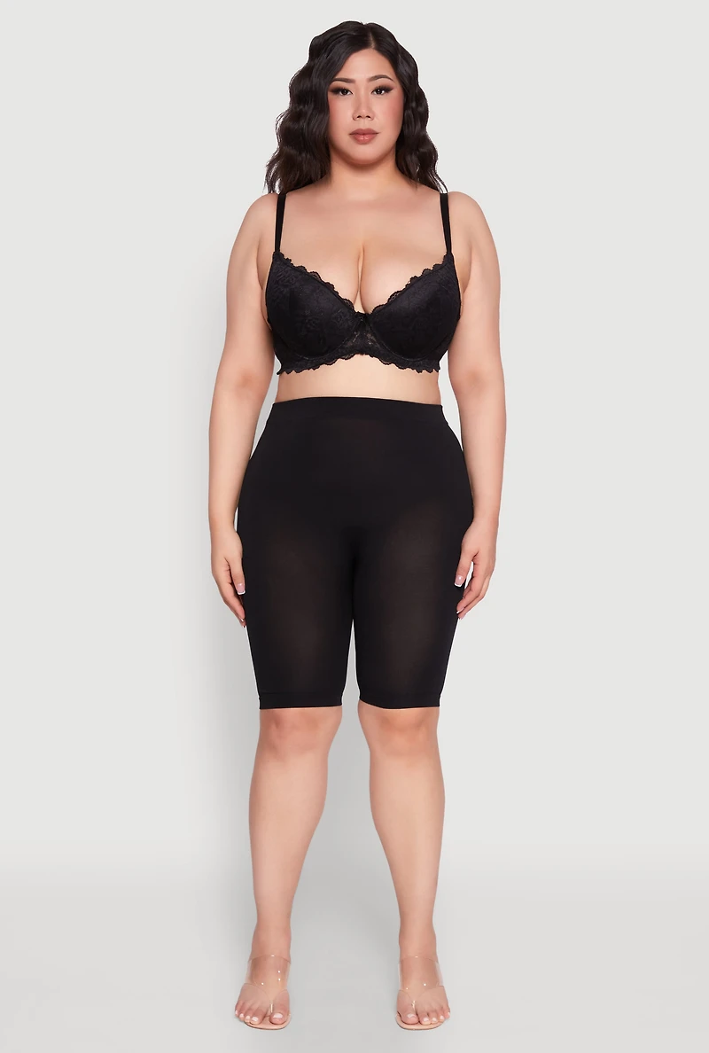 Womens Plus Elegant Lace Scallop Trim Plunge Bra, Black,