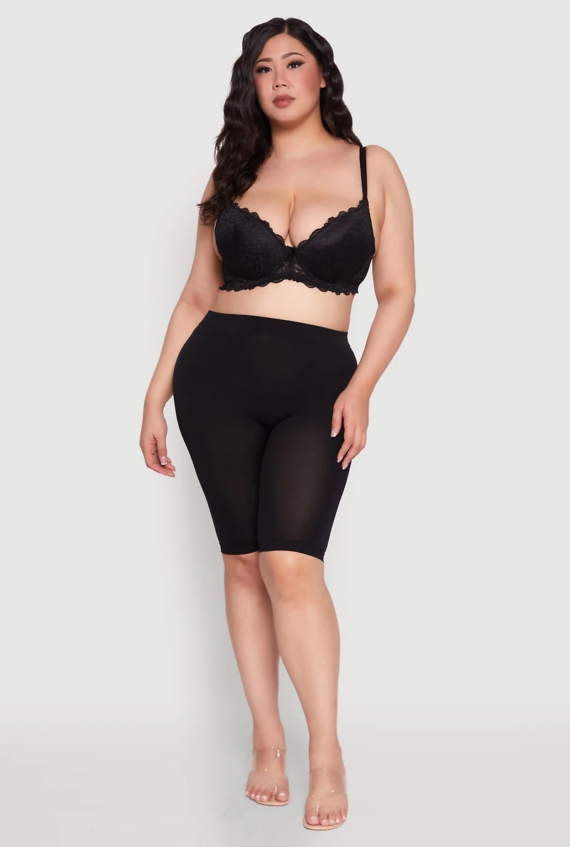 Womens Plus Size Elegant Lace Scallop Trim Plunge Bra, Black, Size 44C