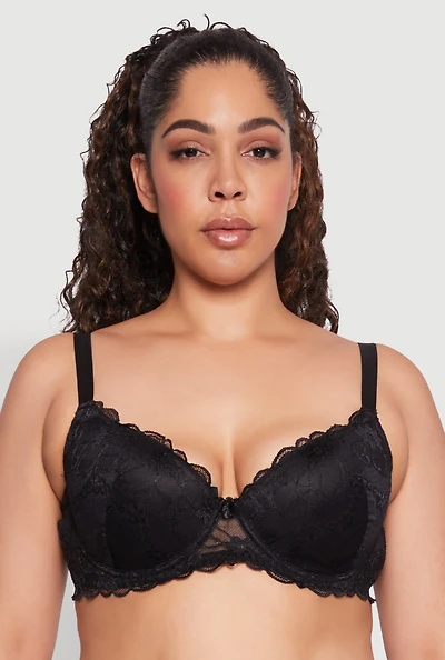 Womens Plus Size Elegant Scalloped Lace Push-Up Plunge Bra, Black, Size 42C