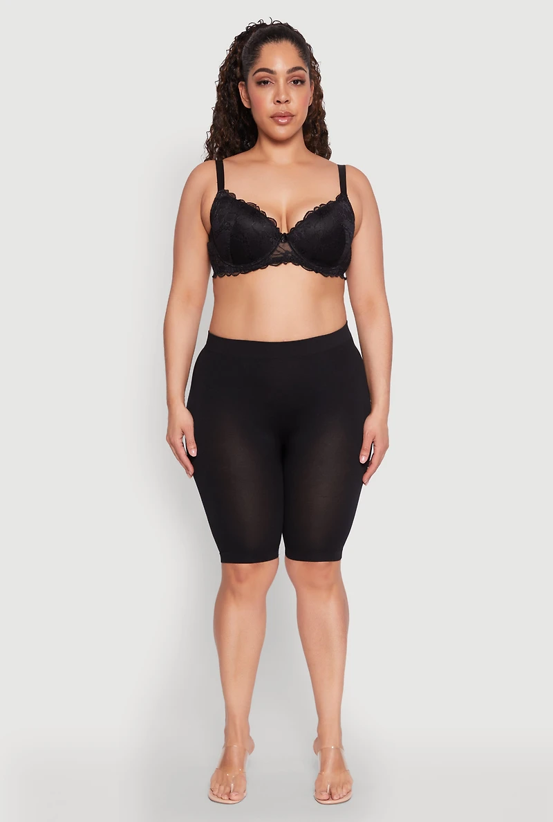 Womens Plus Elegant Scalloped Lace Push-Up Plunge Bra, Black,