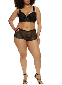 Womens Plus Double Strap Caged Back Scalloped Lace Plunge Bra, Black,