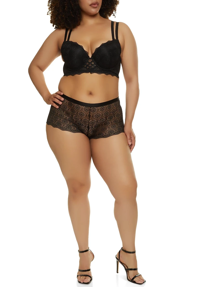 Womens Plus Size Double Strap Caged Back Scalloped Lace Plunge Bra, Black, Size 40C