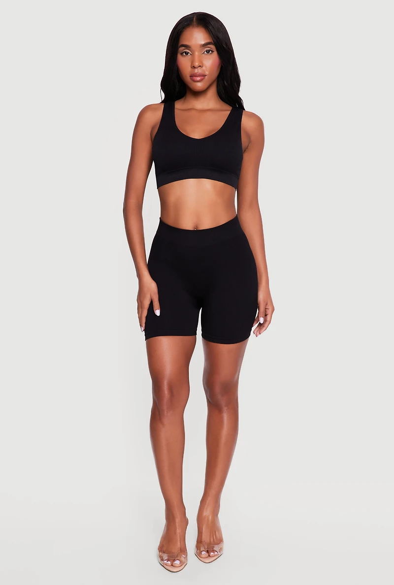 Solid Rib Knit Seamless Sports Bra