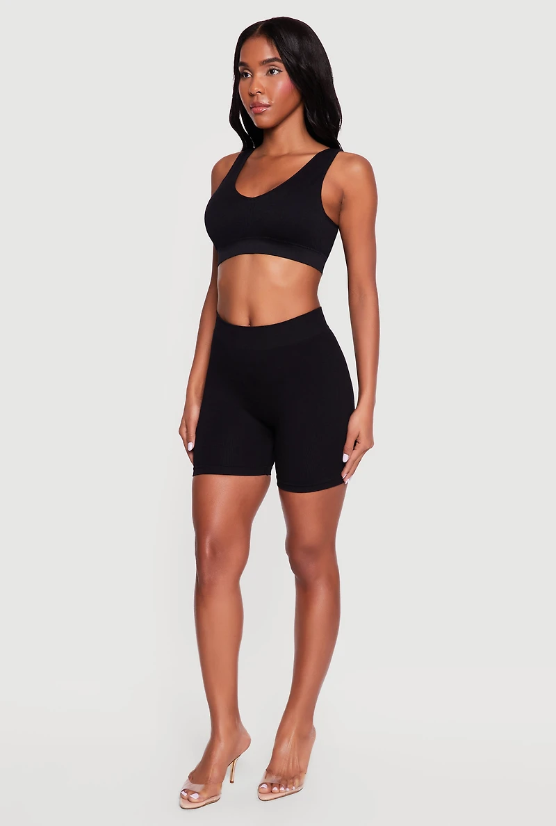 Solid Rib Knit Seamless Sports Bra