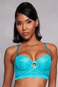 Womens Floral Lace Longline Plunge Bra | Converts to Strapless, Blue, Size 34B