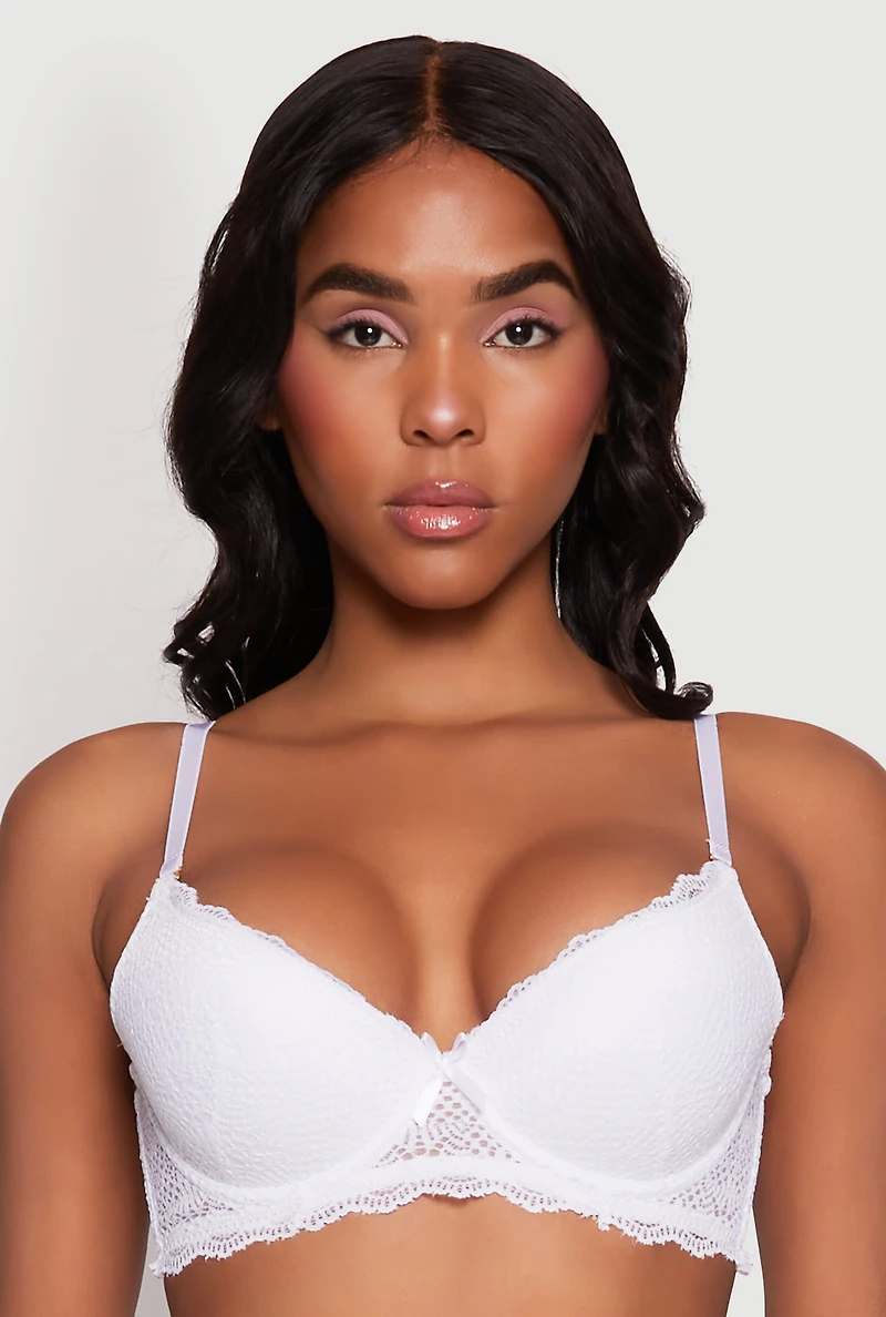Womens Scalloped Lace Plunge Bra | Convertible to Strapless, White,