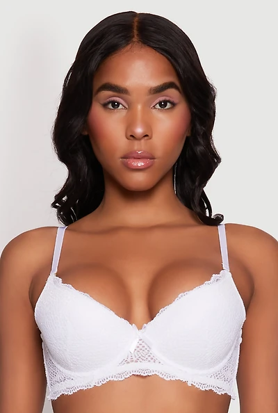 Womens Scalloped Lace Plunge Bra | Convertible to Strapless, White,