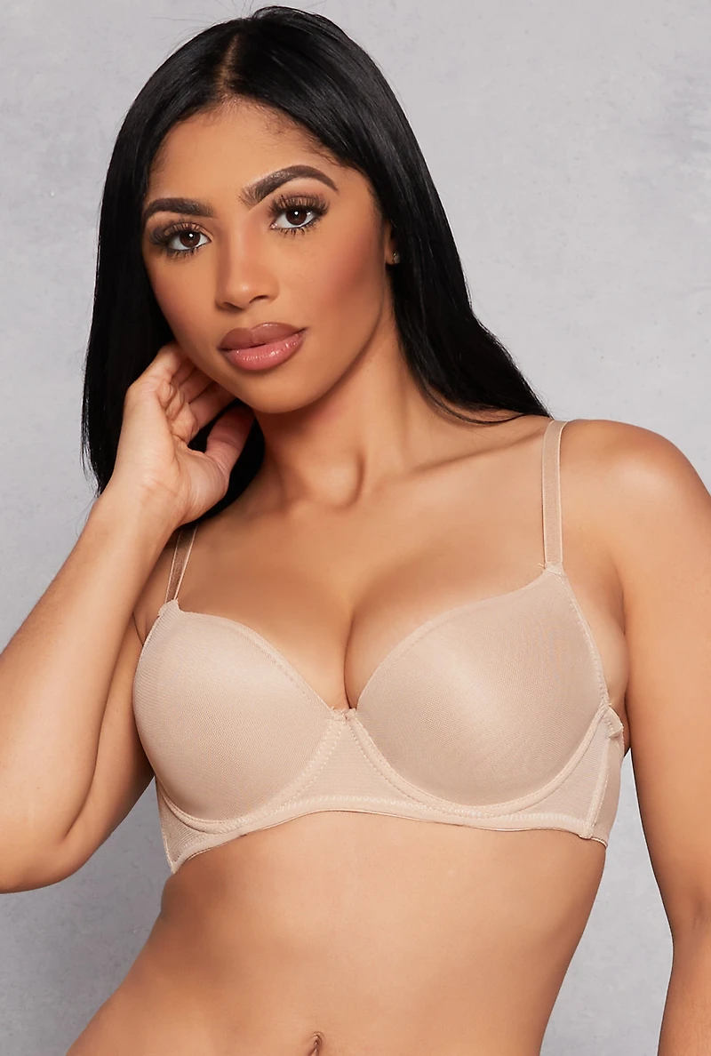 Womens Mesh Lined Plunge Bra, Beige, Size 34D