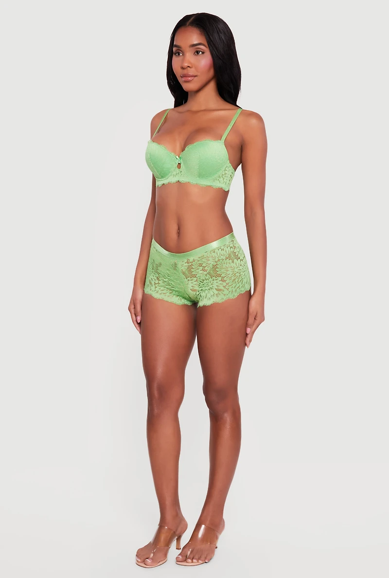 Floral Lace Keyhole Front Push Up Plunge Bra