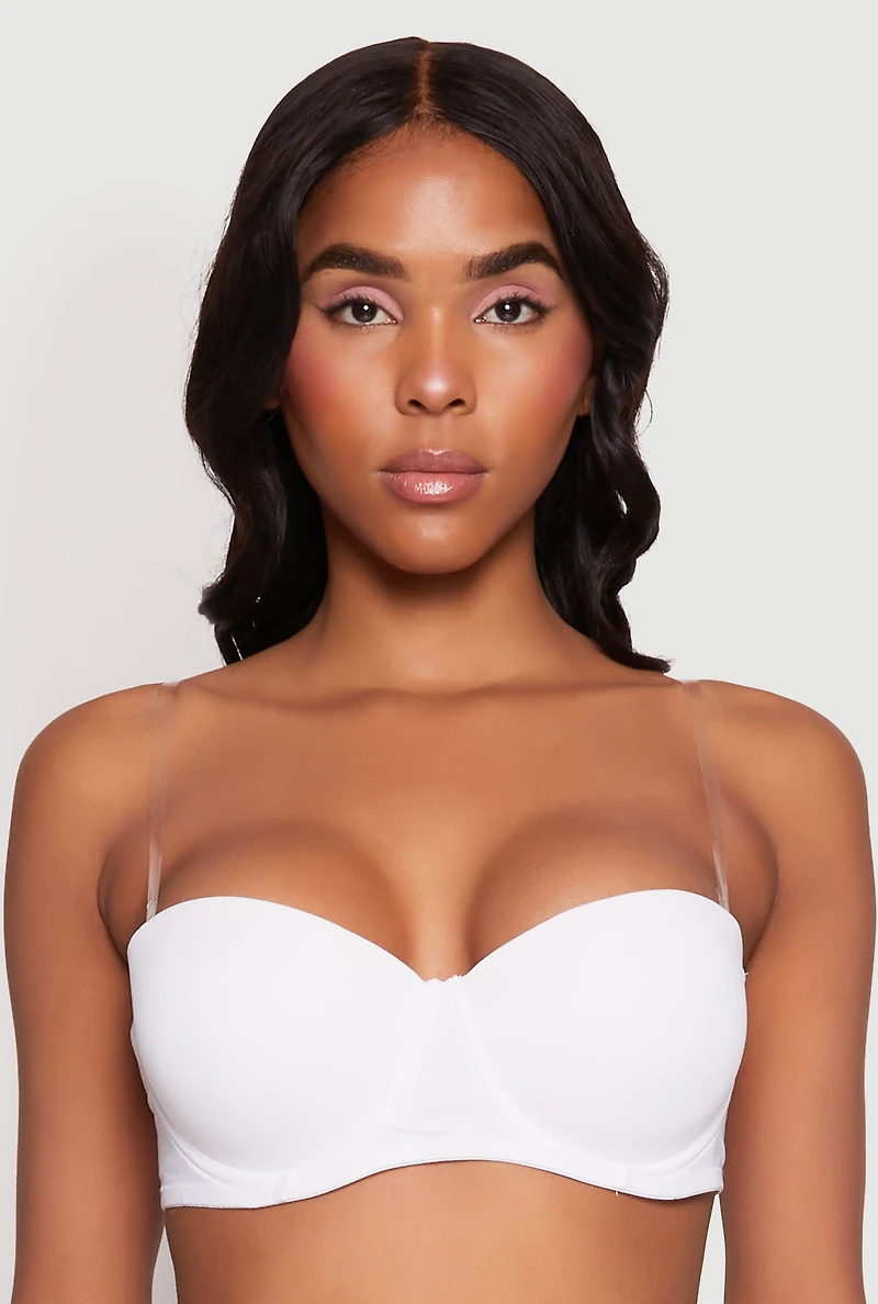 Womens Clear Back Strap Balconette Bra | Convertible to Strapless, White, Size 34D