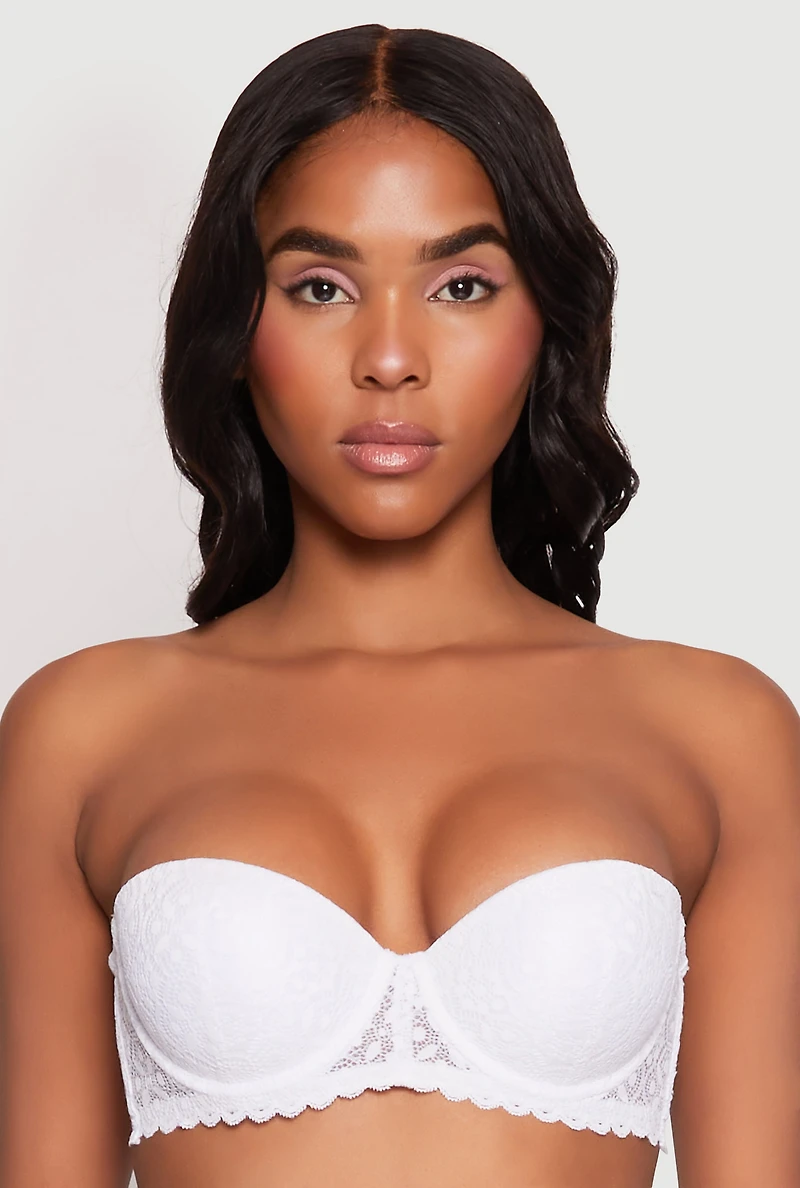 Womens Scalloped Trim Lace Balconette Bra | Convertible to Strapless, White, Size 38B