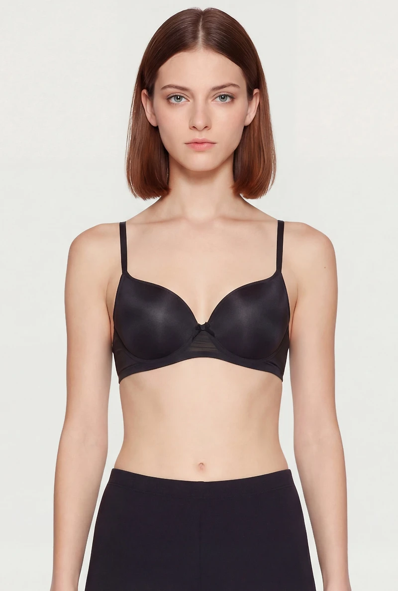 Bow Detail Padded Mesh Plunge Bra
