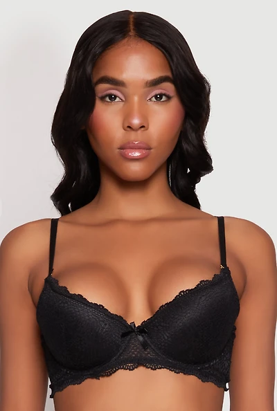 Womens Scalloped Trim Lace Plunge Bra, Black,