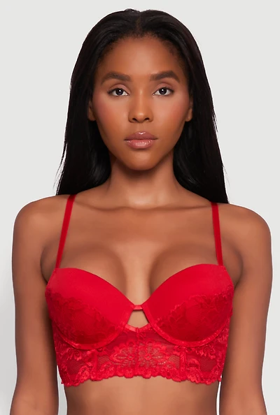 Womens Floral Lace Keyhole Longline Plunge Bra, Red, Size 36B