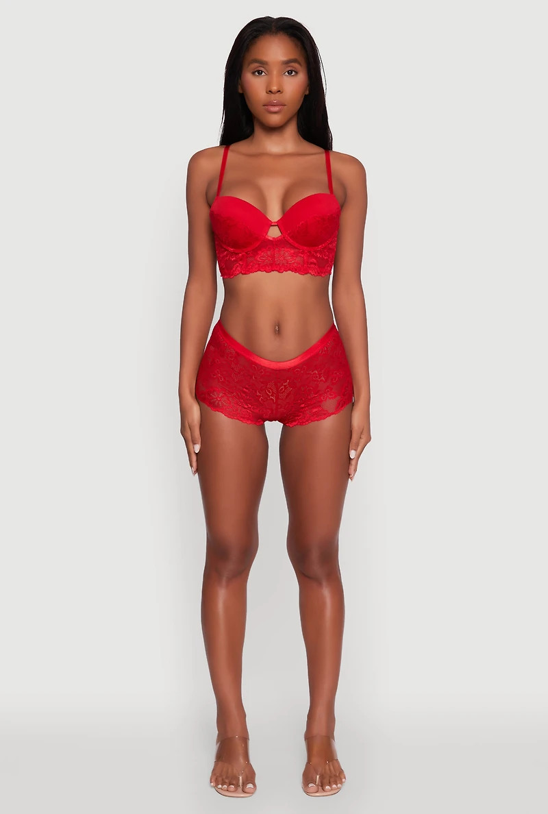 Womens Floral Lace Keyhole Longline Plunge Bra, Red, Size 36B