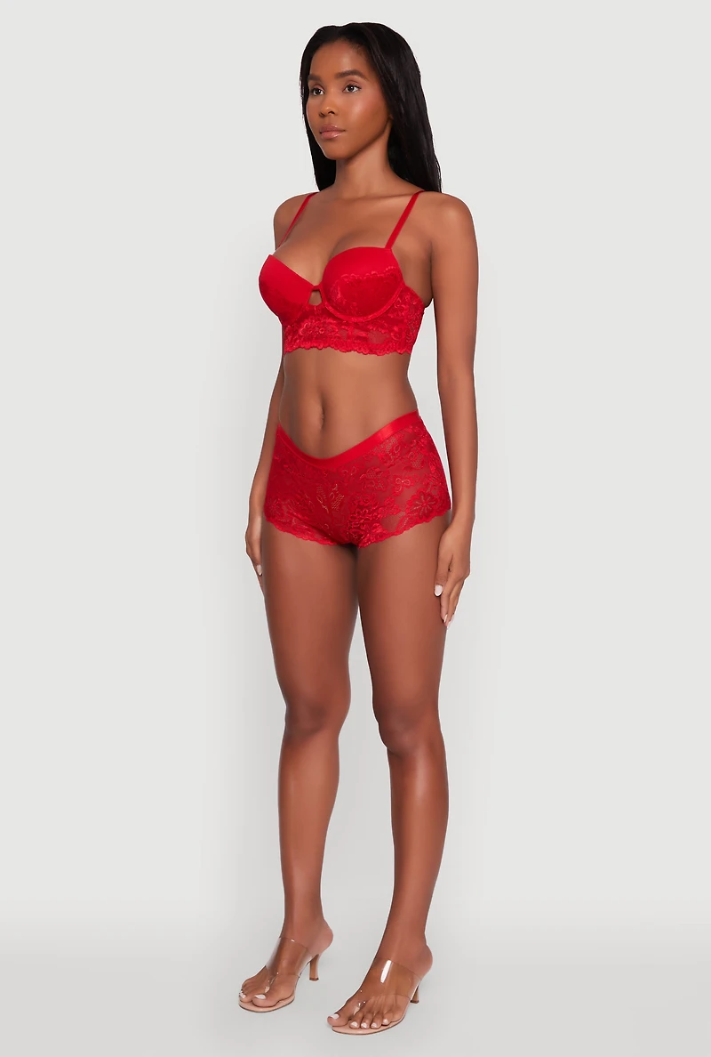 Womens Floral Lace Keyhole Longline Plunge Bra, Red, Size 36C