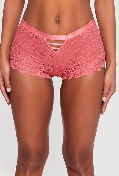 Scalloped Floral Lace Caged Front Boyshort Panty