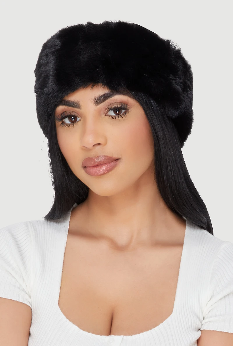Womens Solid Faux Fur Elastic Band Head Wrap,