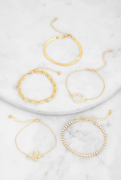Womens Butterfly Heart Charm Bracelets Set of 5, Gold