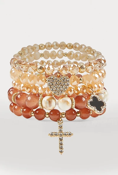 Rhinestone Charm Beaded Stretch Bracelets Set of 5