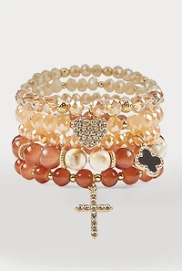 Rhinestone Charm Beaded Stretch Bracelets Set of 5