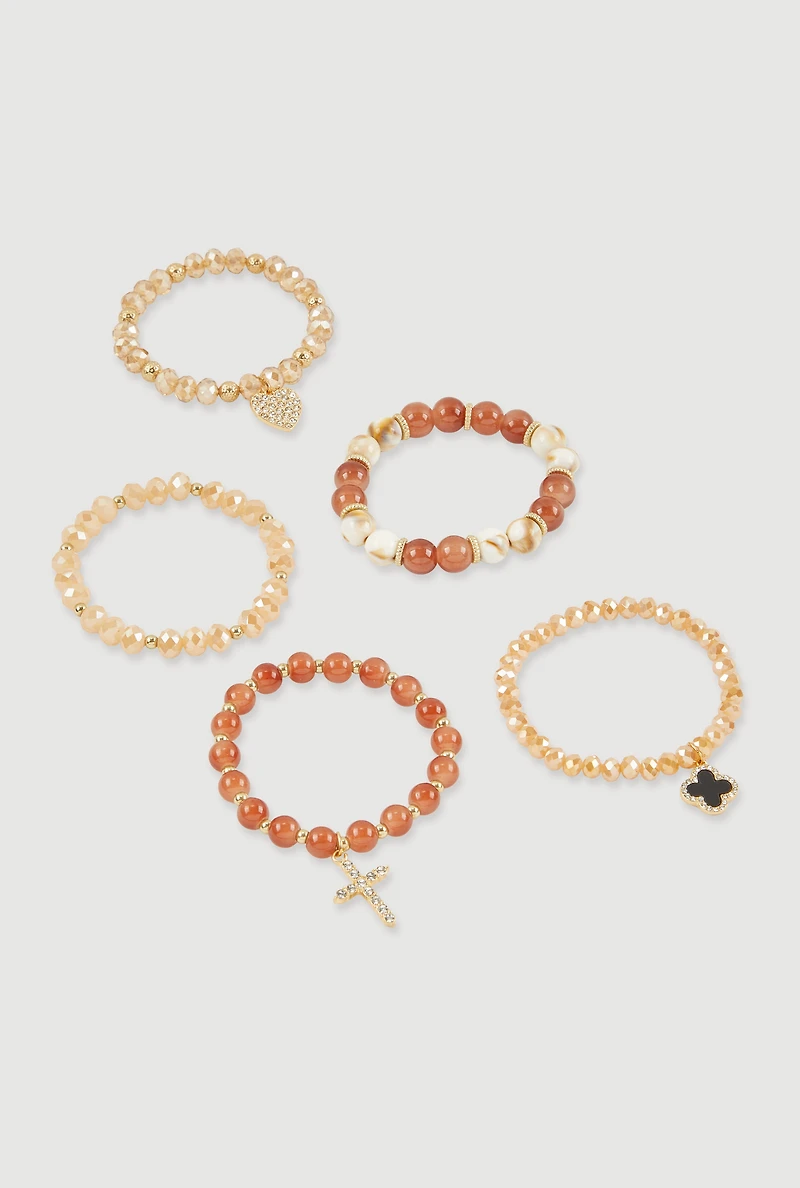 Rhinestone Charm Beaded Stretch Bracelets Set of 5