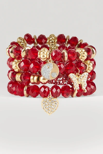 Womens Yin Yang Charm Beaded Stretch Bracelets Set of 4, Red